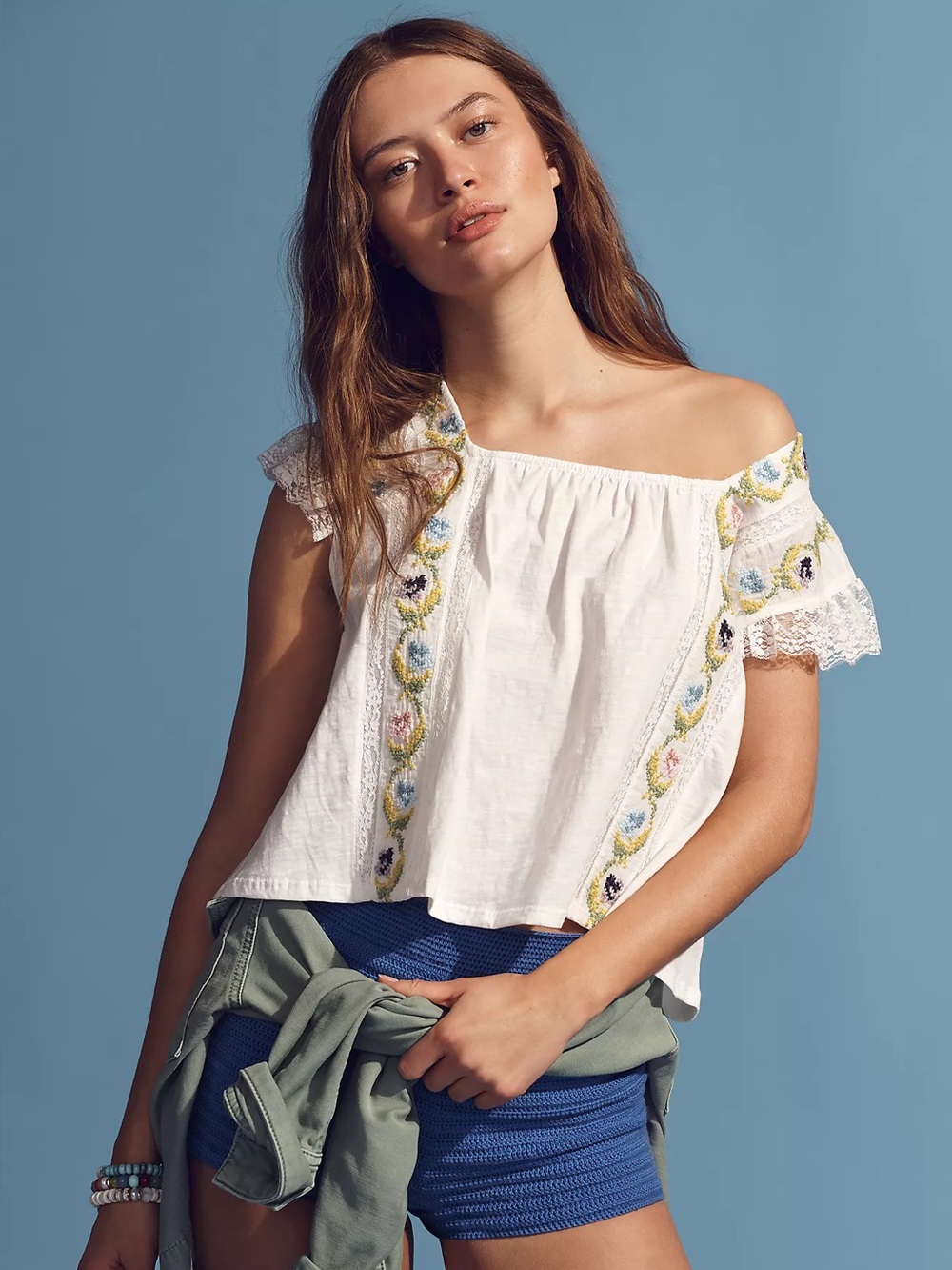 Free People Embroidered Floral Cropped Top with Lace